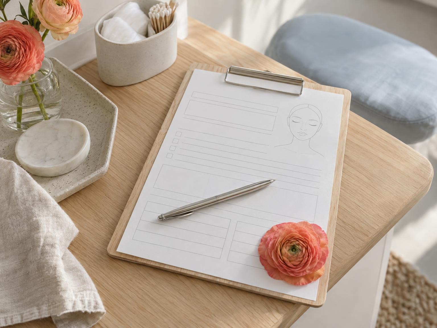 A blank face chart on a clipboard with a pen and a pressed coral ranunculus