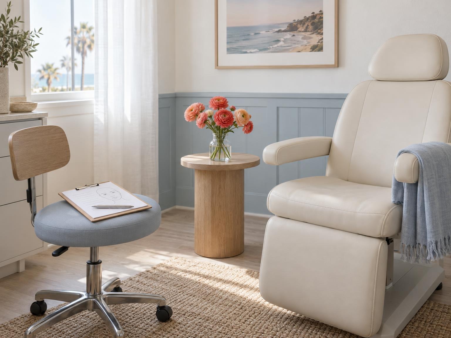 The consult corner: the cream treatment chair facing a rolling stool with a face chart on a clipboard, ranunculus on a small side table