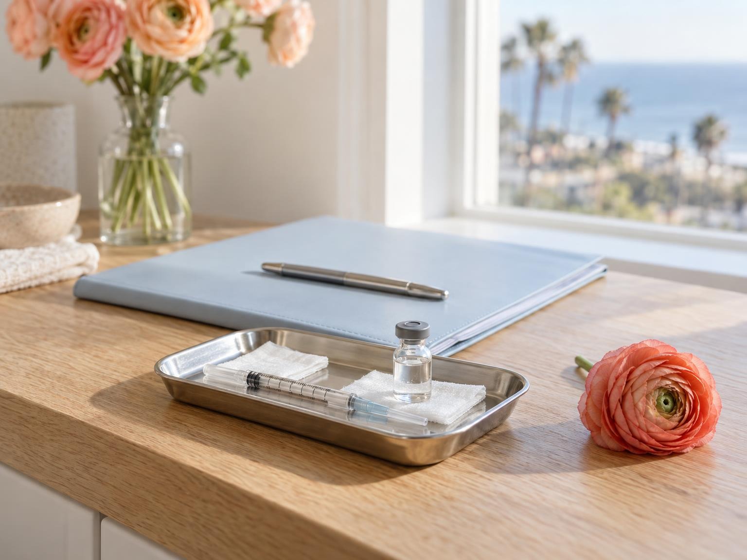 The counter set for the next visit: a capped syringe and a small vial on gauze in a steel tray, a blue chart folder with a pen, and a coral ranunculus