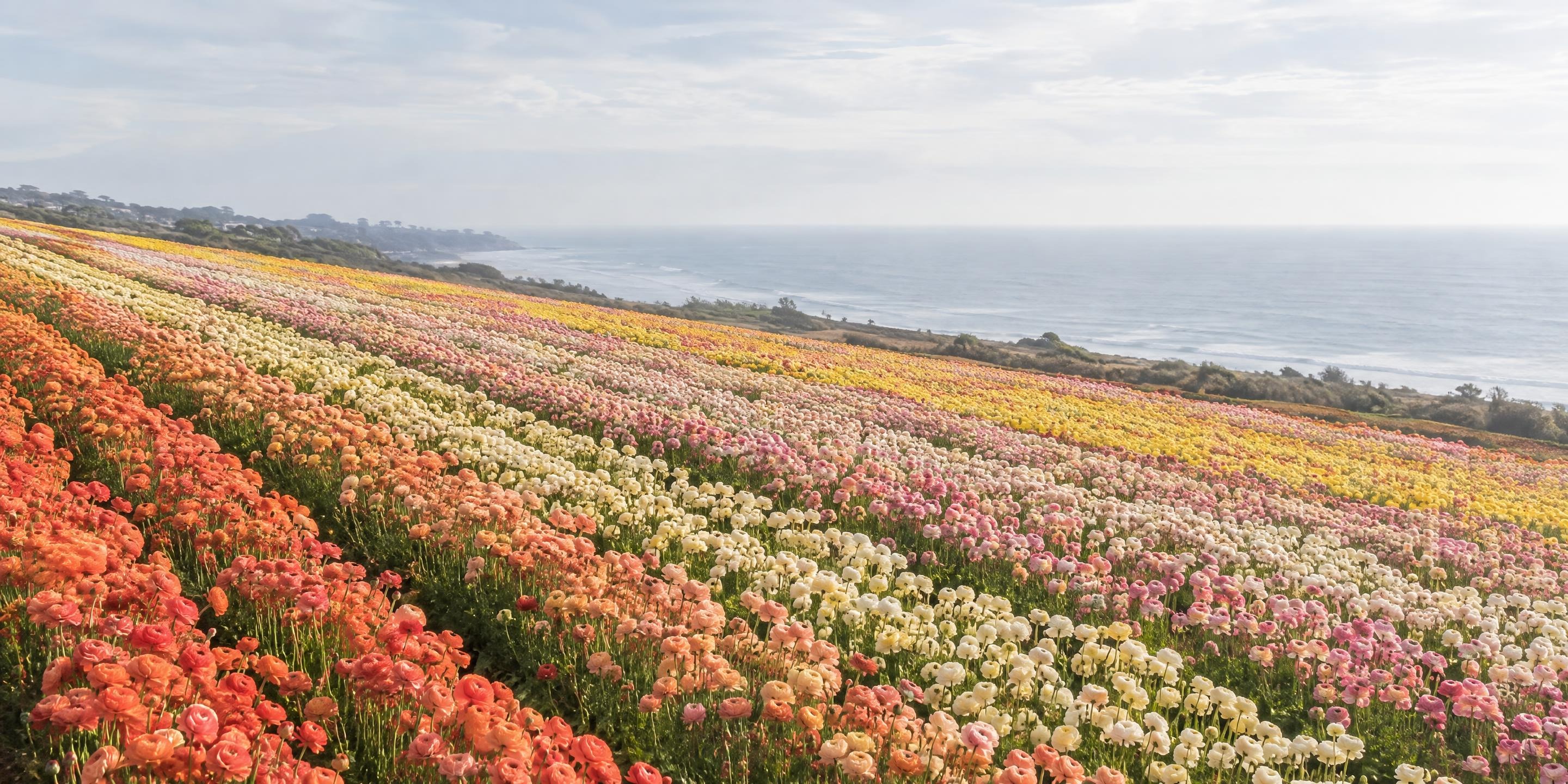 Rows of coral, peach, cream and yellow ranunculus on a coastal hillside above the hazy Pacific