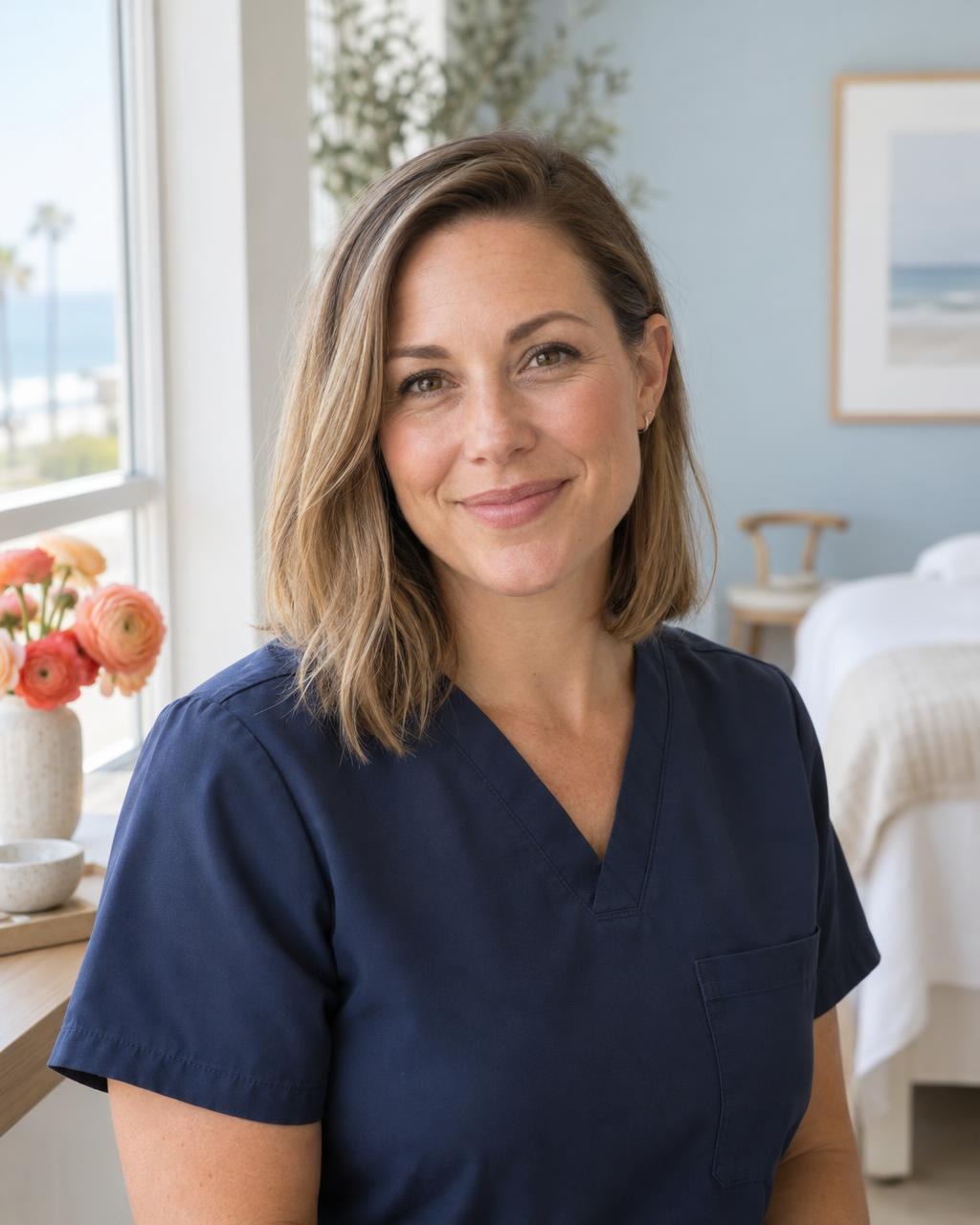 Liesl Calder in navy scrubs, smiling, by the studio window