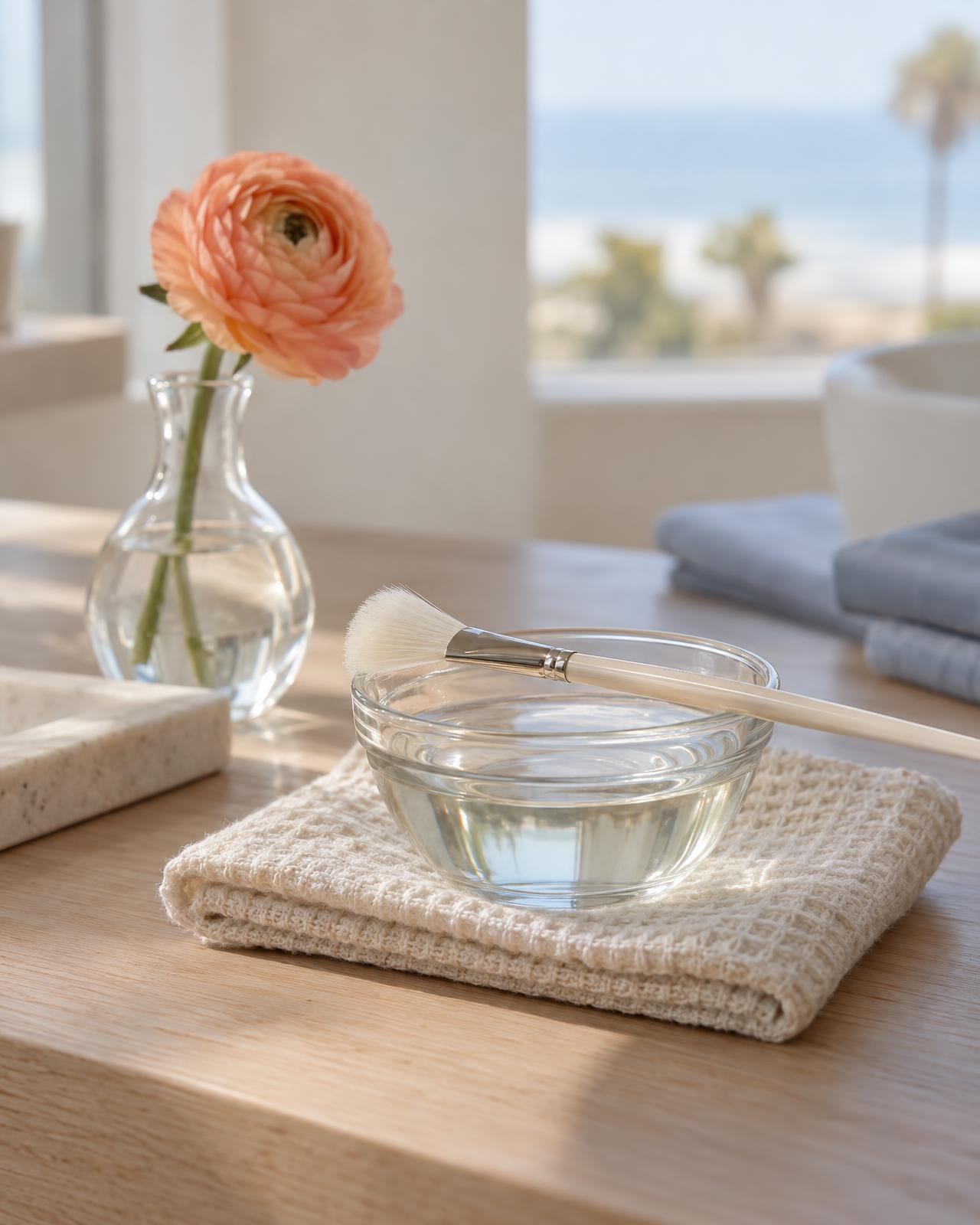 A glass bowl of peel solution with a fan brush on a folded waffle towel