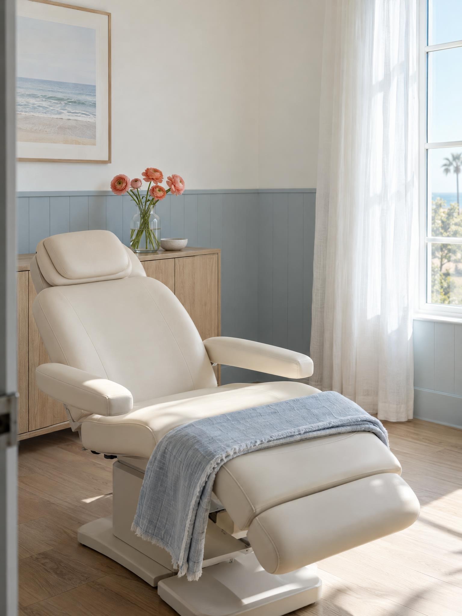 The treatment room: a cream treatment chair with a blue linen throw, coral ranunculus on the cabinet and the ocean through the window