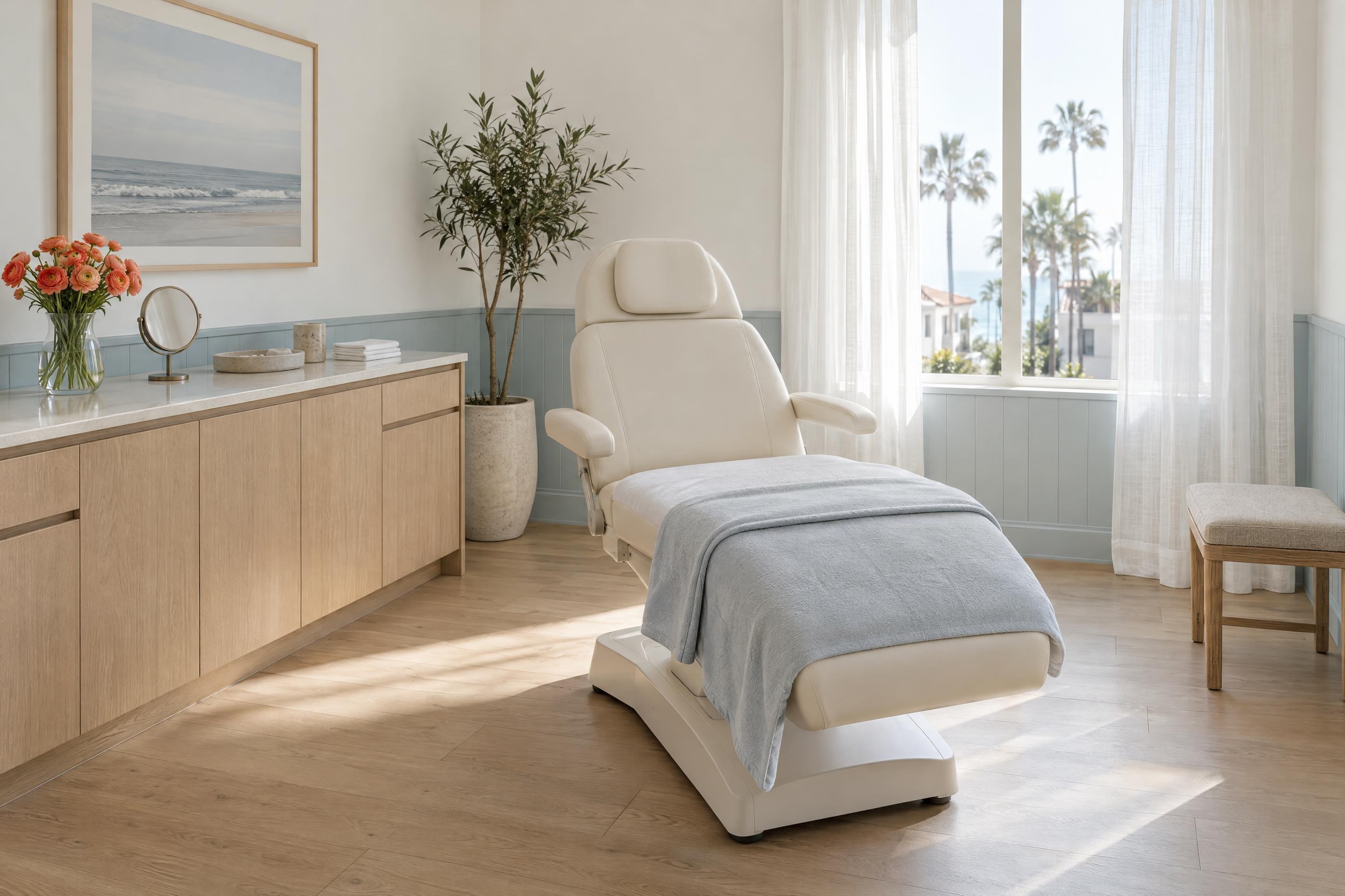 The whole treatment room: cream chair with a blue throw, white oak cabinets, ranunculus and a tall window