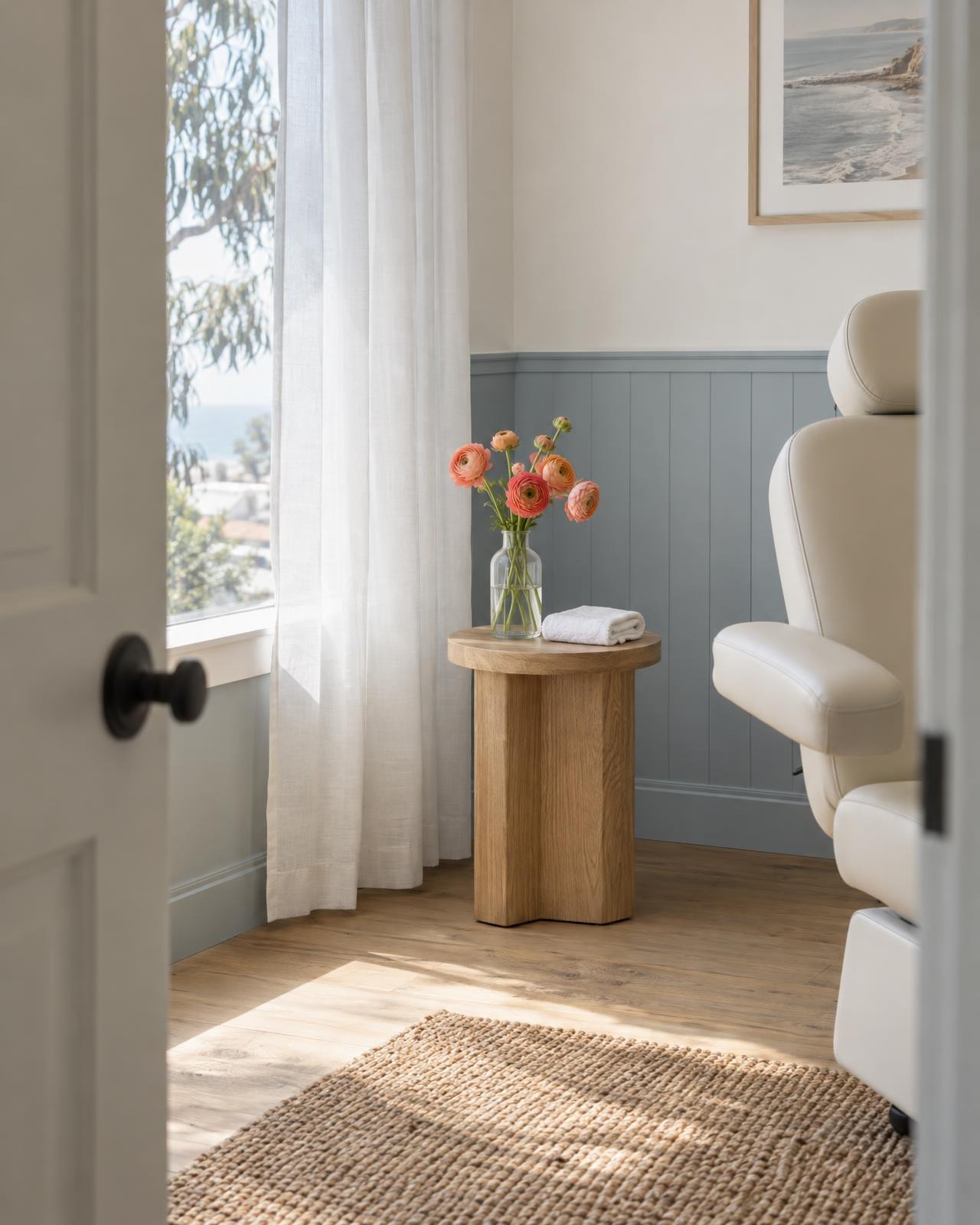 The treatment room’s window corner: sheer curtain, scrubs-blue panelling and a bottle of coral ranunculus