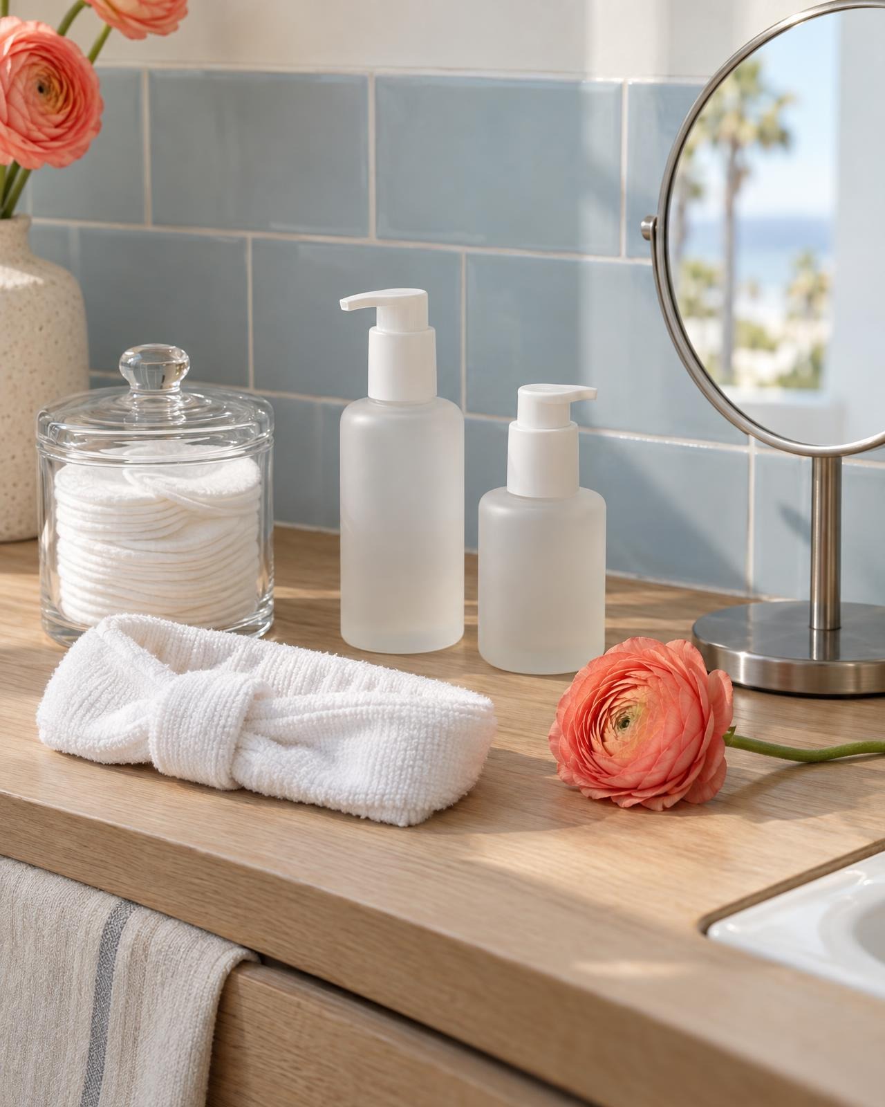 A skin-prep station: cotton rounds in a glass jar, a folded headband, blank pump bottles, a round mirror and a coral ranunculus