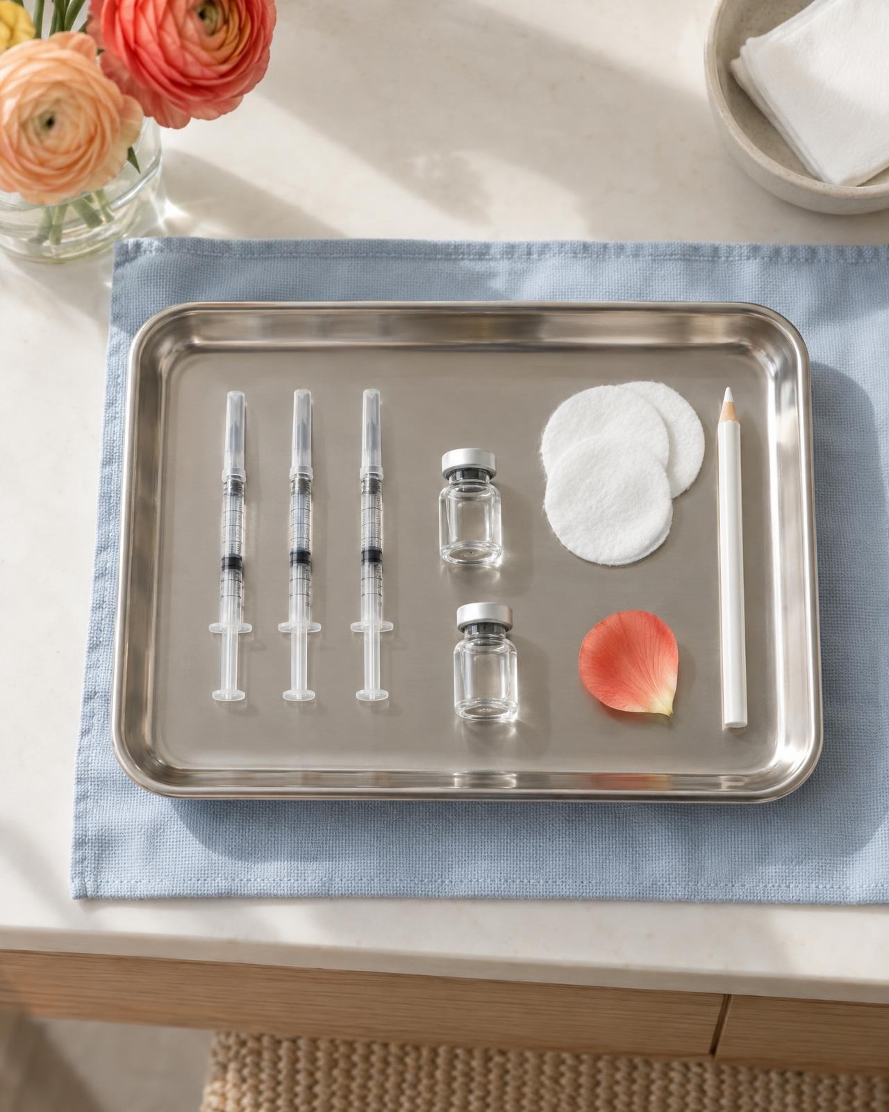 A procedure tray: three capped syringes, two small vials, cotton rounds, a marking pencil and one coral petal