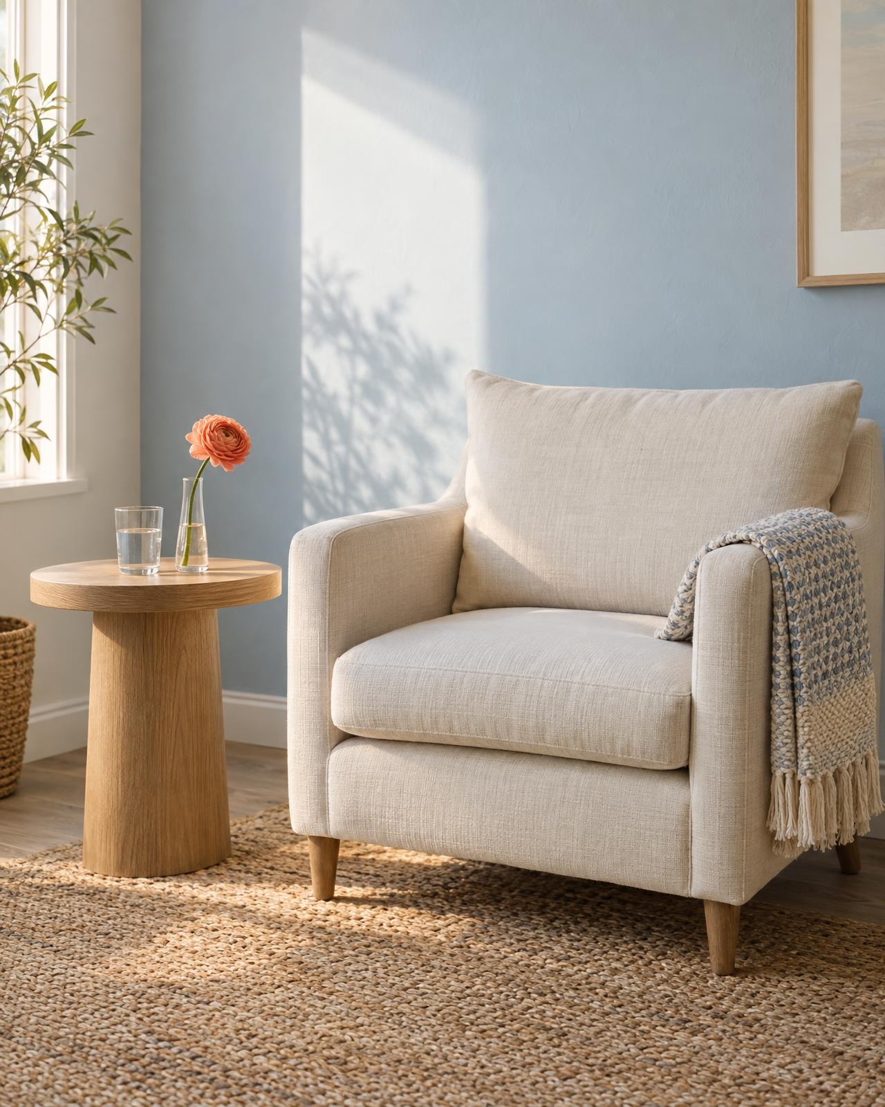 A linen armchair and a single ranunculus stem against a pale blue wall